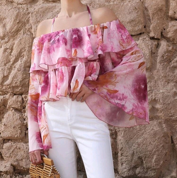 Elegant French Floral Print Ruffle Trim Loose Fit Asymmetric Neck Long - Picture 3 of 4